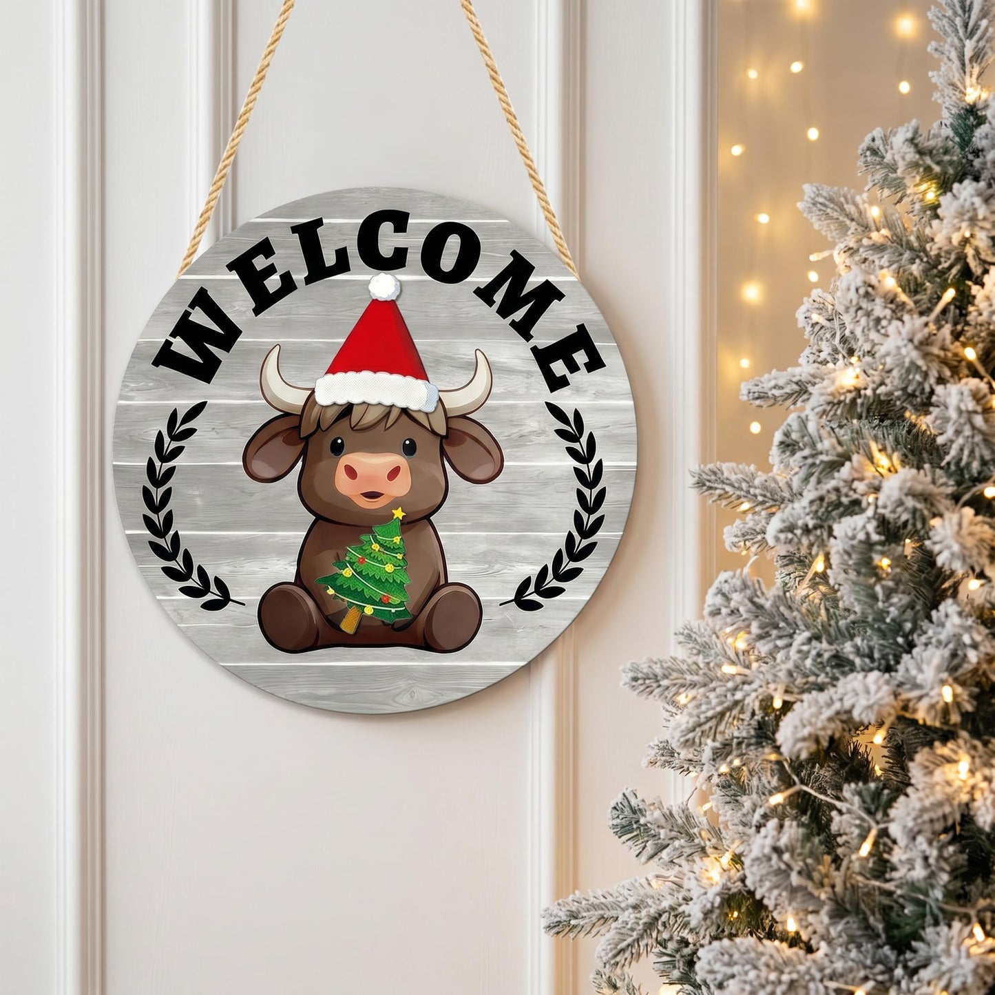 Yiranok Holiday Interchangeable Highland Cow Welcome Sign,Highland Cow Seasonal Wooden Hanging Door Decoration Front Door Decoration Gift Hanging Door Sign