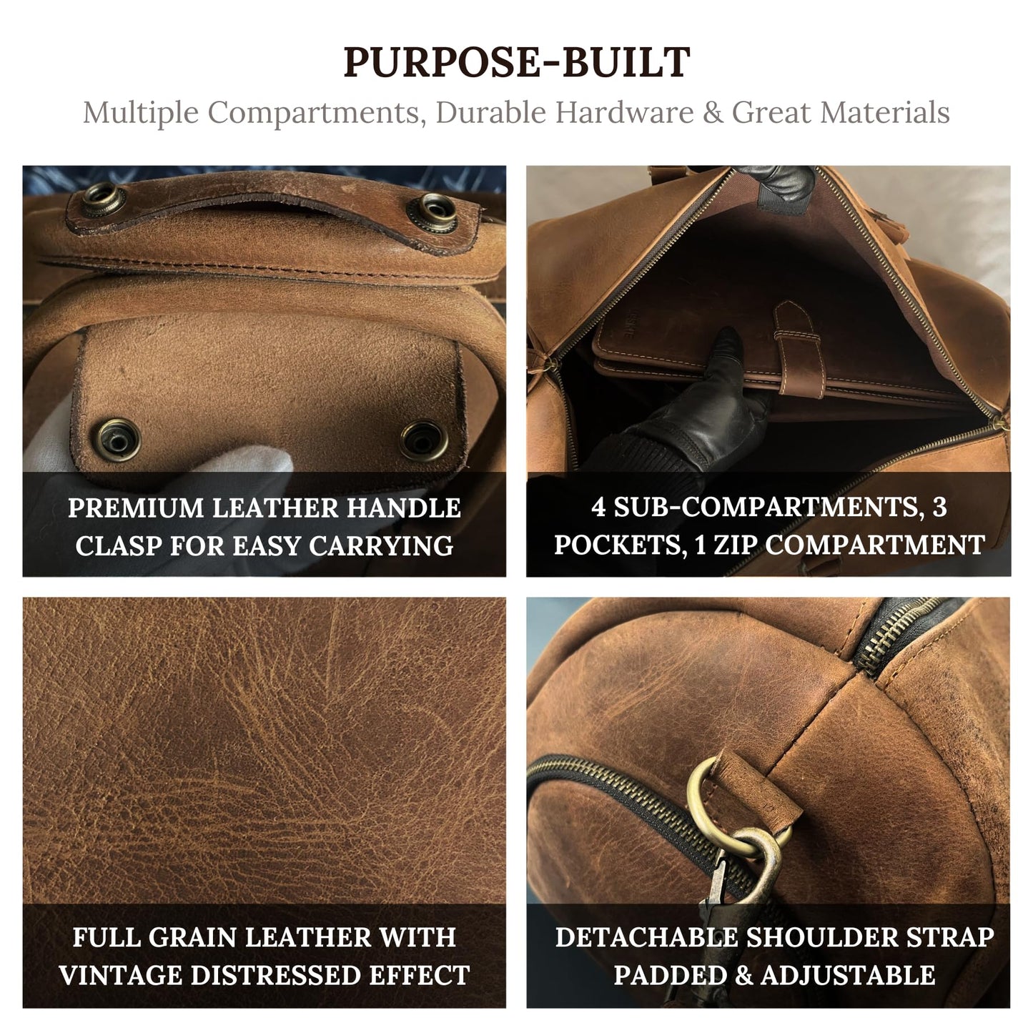 MUSKIE Leather Duffel Bags for Men & Women, 21 Inch Full-Grain Buffalo Leather Distressed Travel Bag with Shoe Compartment & Shoulder Strap