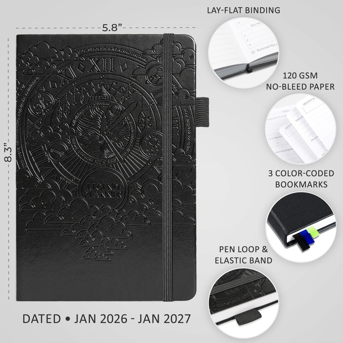 Legend Dated Hourly Weekly Planner 2026 – Daily, Monthly & Yearly Agenda with Time Slots – Hardcover Organizer Journal, 5.8x8.3” (Black)