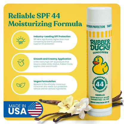 Rubber Ducky | Lip Balm with SPF 44, Water Resistant Sunscreen Lip Balm | Vegan, Untinted, Vanilla Flavor, with Vitamin E | All Season - Broad Spectrum Sunscreen for Lips