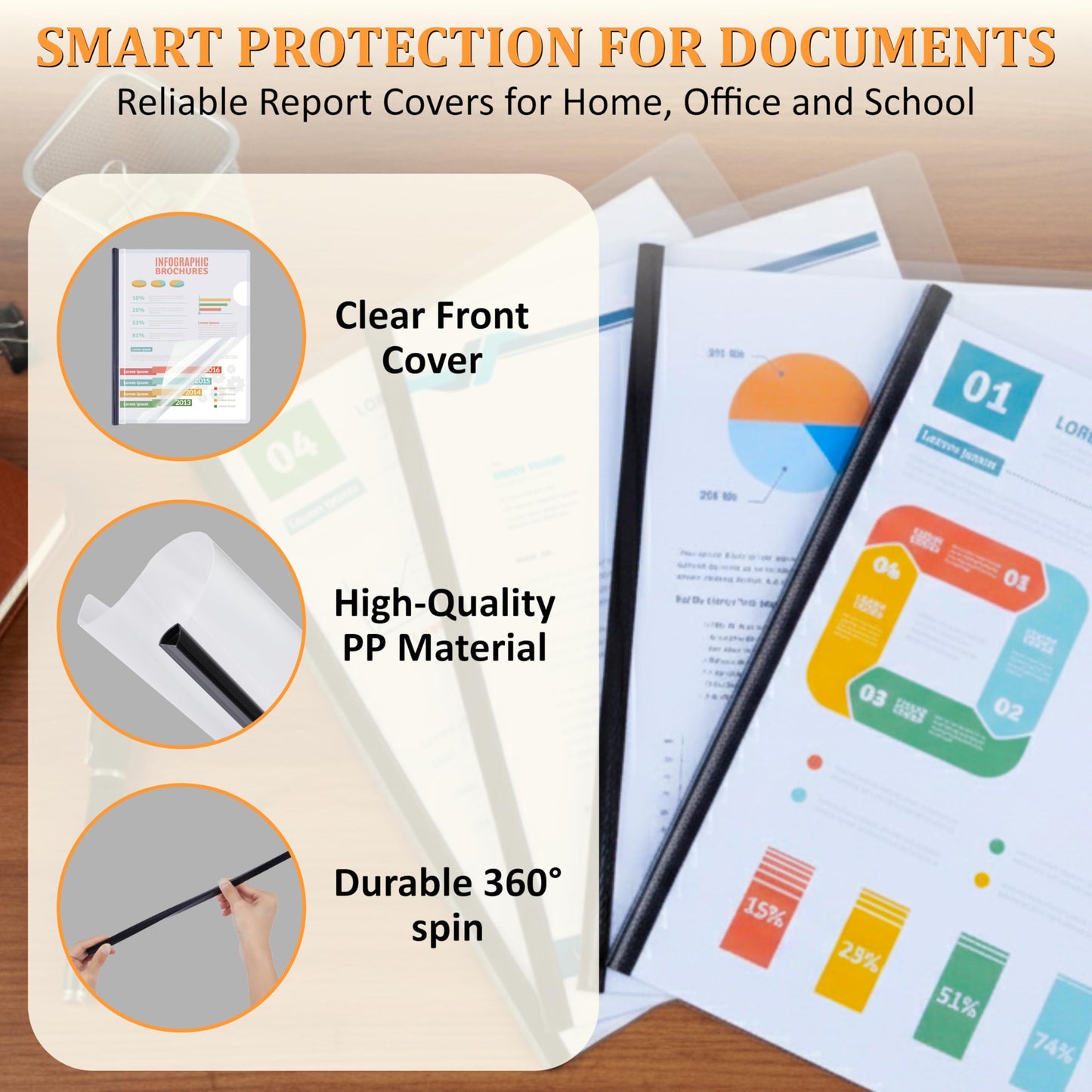 50 Pack Report Covers with Sliding Bar - Clear Plastic Presentation Folders for A4 & Letter Size Paper, 70 Sheet Capacity File Document Binder for School, Office, Resume & Business Use
