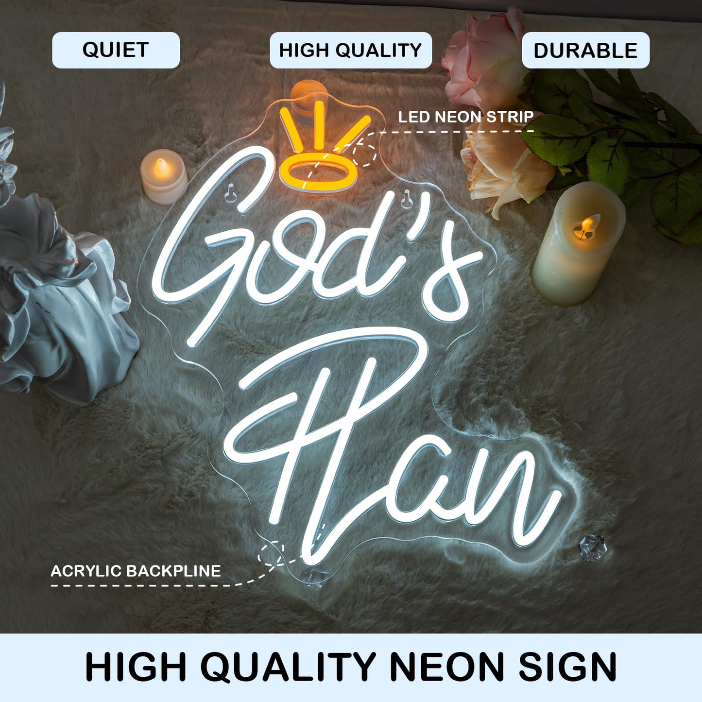 Horseneon God's Plan Neon Led Sign, God Neons Sign for Wall Decor, White Letter Neon Lights Signs with USB Powered for Bedroom, Living room, Wall Art Decoration