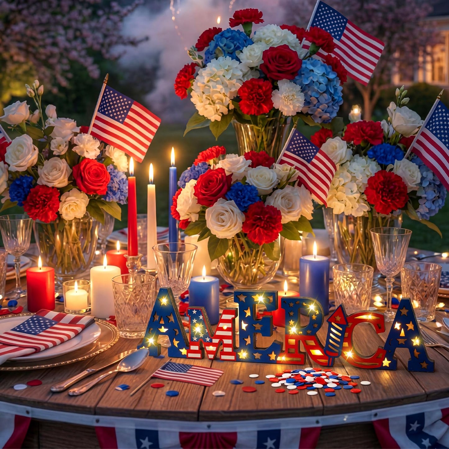 Geetery America LED Wooden Sign Patriotic Wooden Words Sign 4th of July Tabletop Centerpiece Decor 250th Anniversary Decorations for Independence Day Memorial Day Party Home Office