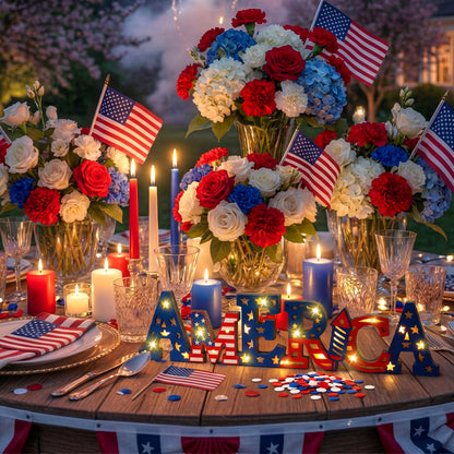 Geetery America LED Wooden Sign Patriotic Wooden Words Sign 4th of July Tabletop Centerpiece Decor 250th Anniversary Decorations for Independence Day Memorial Day Party Home Office