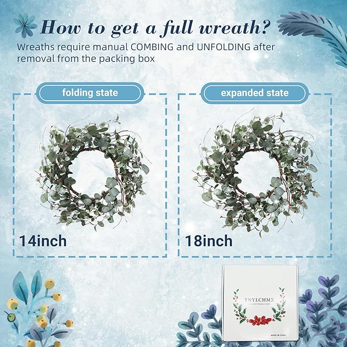 YNYLCHMX 18 Inch Winter Wreath for Front Door, Winter Wreath with Eucalyptus Leaves with Berry, Artificial Door Front Door Wreaths for Indoor Windows Walls Farmhouse Holiday Party Decoration