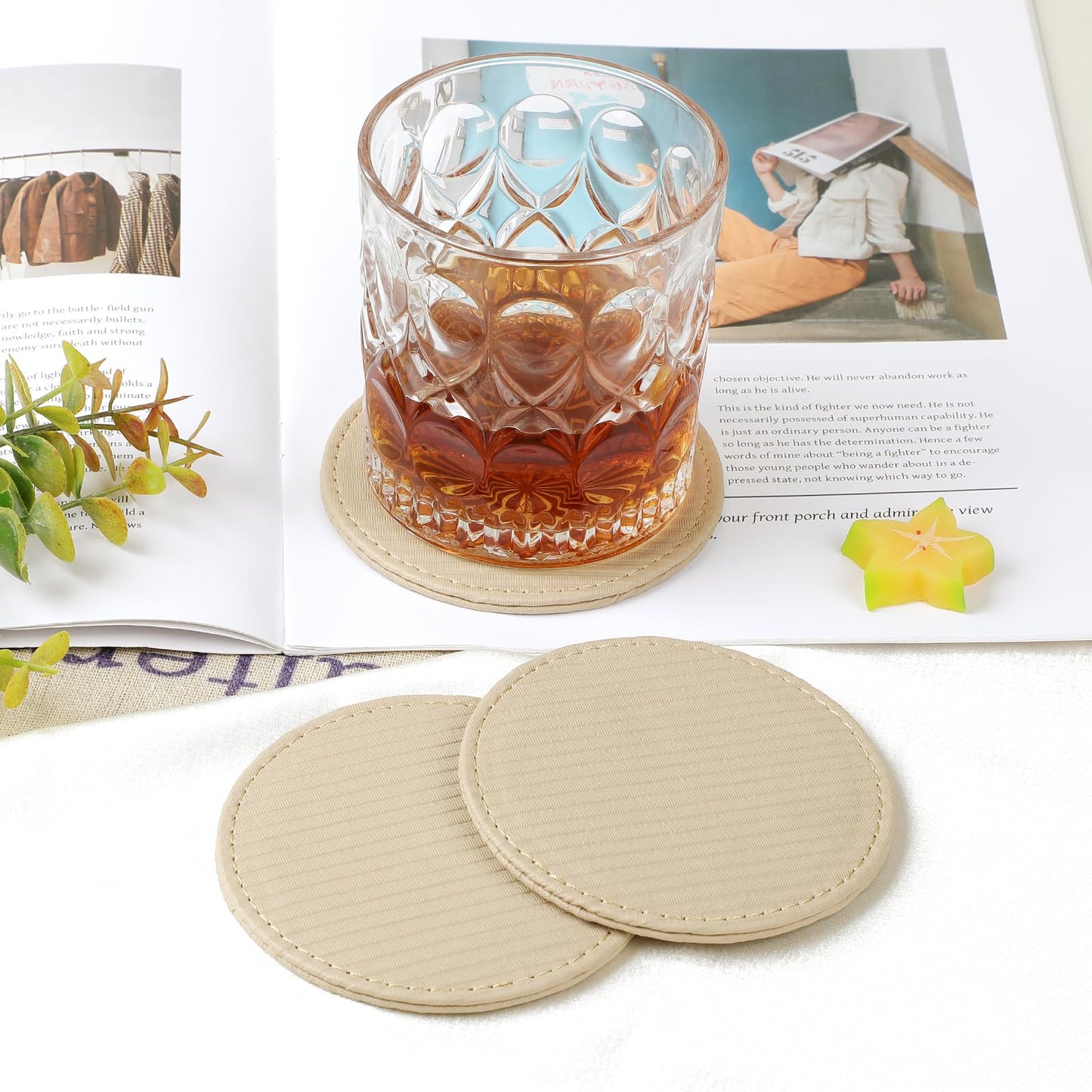 Leather Coasters Set of 6 with Holder, Tabletop Protection, Coffee Table & Bar Decoration, Modern-Style Drink Coasters Suitable for Home Dining Tables & Kitchen Accessories (Beige Stripe)