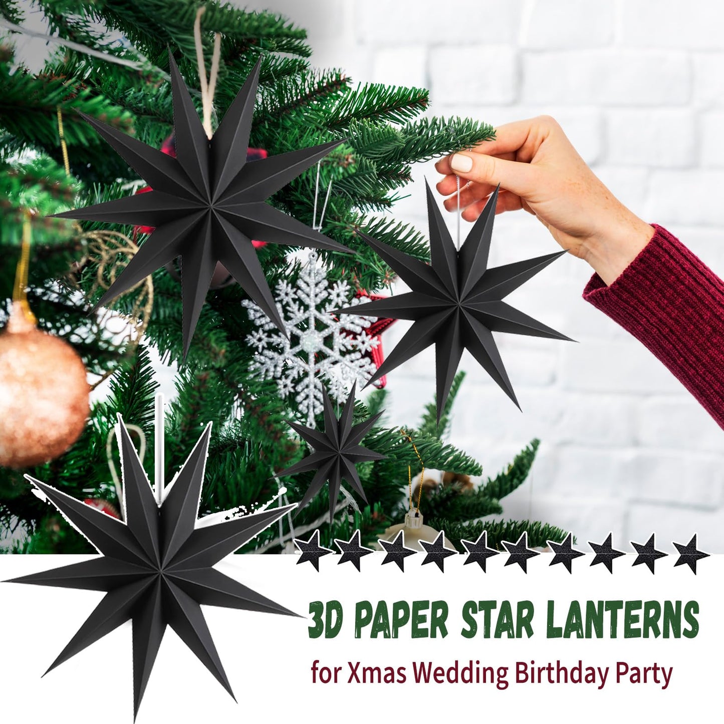 WNSIRVY 12 Pack 9-Pointed Large 3D Paper Star Lanterns Black Hanging Lanterns with Glitter Star Garland for Halloween & Christmas Parties & Weddings & Birthdays