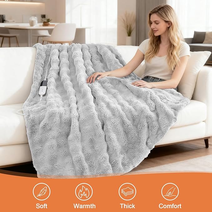 Heated Blanket Electric Throw Blanket 62''X 84''-Heating Blanket with 6 Heat Settings-10 Hours Auto Off,Cozy Faux Rabbit Fur Bubble Electric Blanket,Light Gray