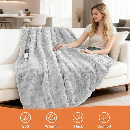 Heated Blanket Electric Throw Blanket 62''X 84''-Heating Blanket with 6 Heat Settings-10 Hours Auto Off,Cozy Faux Rabbit Fur Bubble Electric Blanket,Light Gray