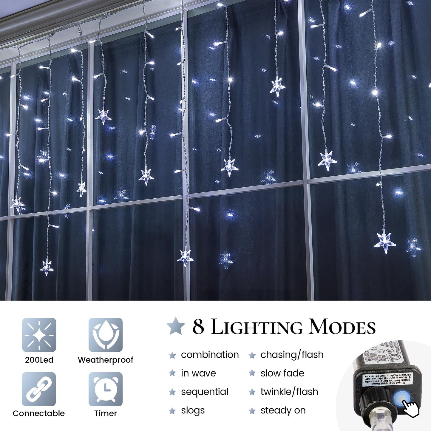 oopswow 16.5FT 200 LED Icicle Lights Outdoor, White Icicle Curtain Light,40 Drops 8 Modes with Timer Star Light,Hanging String Lights for Backdrop,Wedding,Party, Holiday,Xmas Decor,White