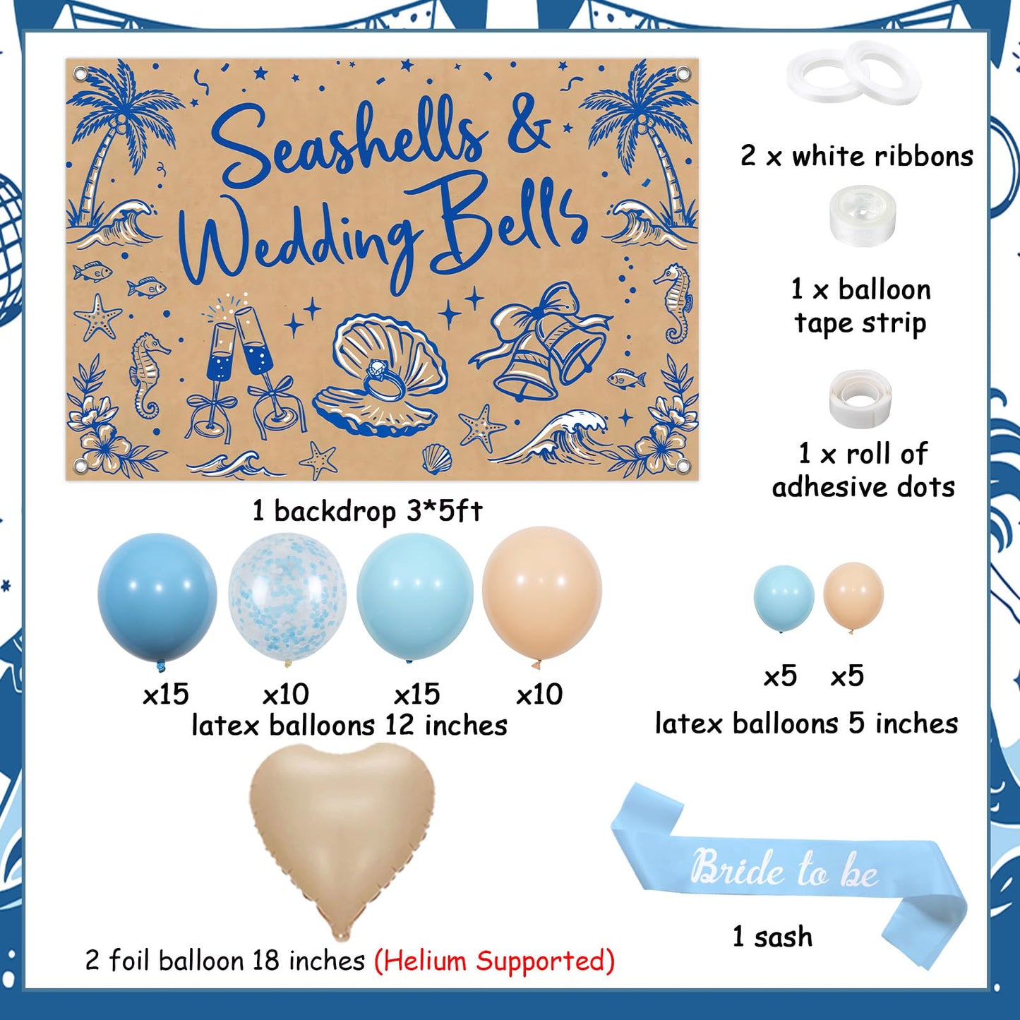 Fangleland Seashells and Wedding Bells Bachelorette Decorations, Coastal Beach Backdrop Balloon Arch Garland Kit Bride To Be Sash, Sea Shell Bridal Shower Engagement Party Supplies