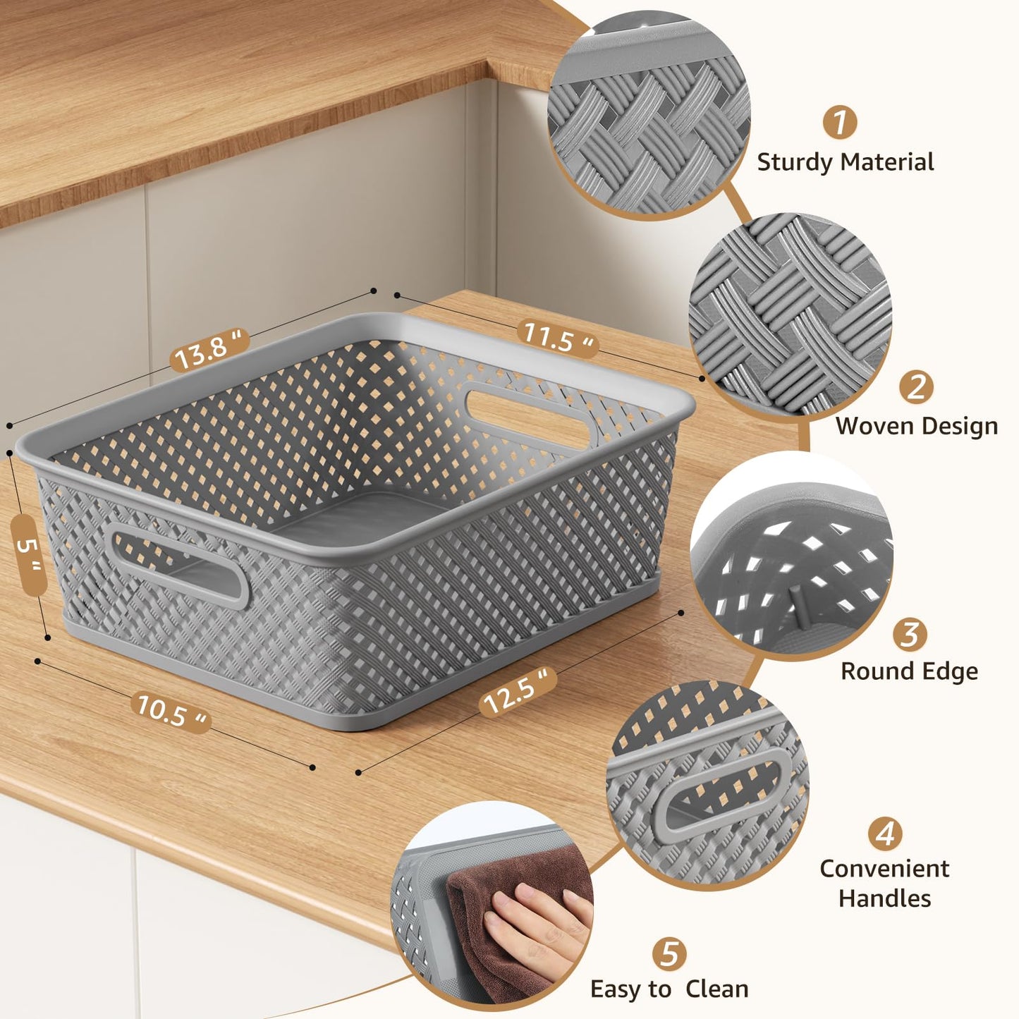 MaxGear 3 Pack Plastic Storage Baskets, Large, Grey