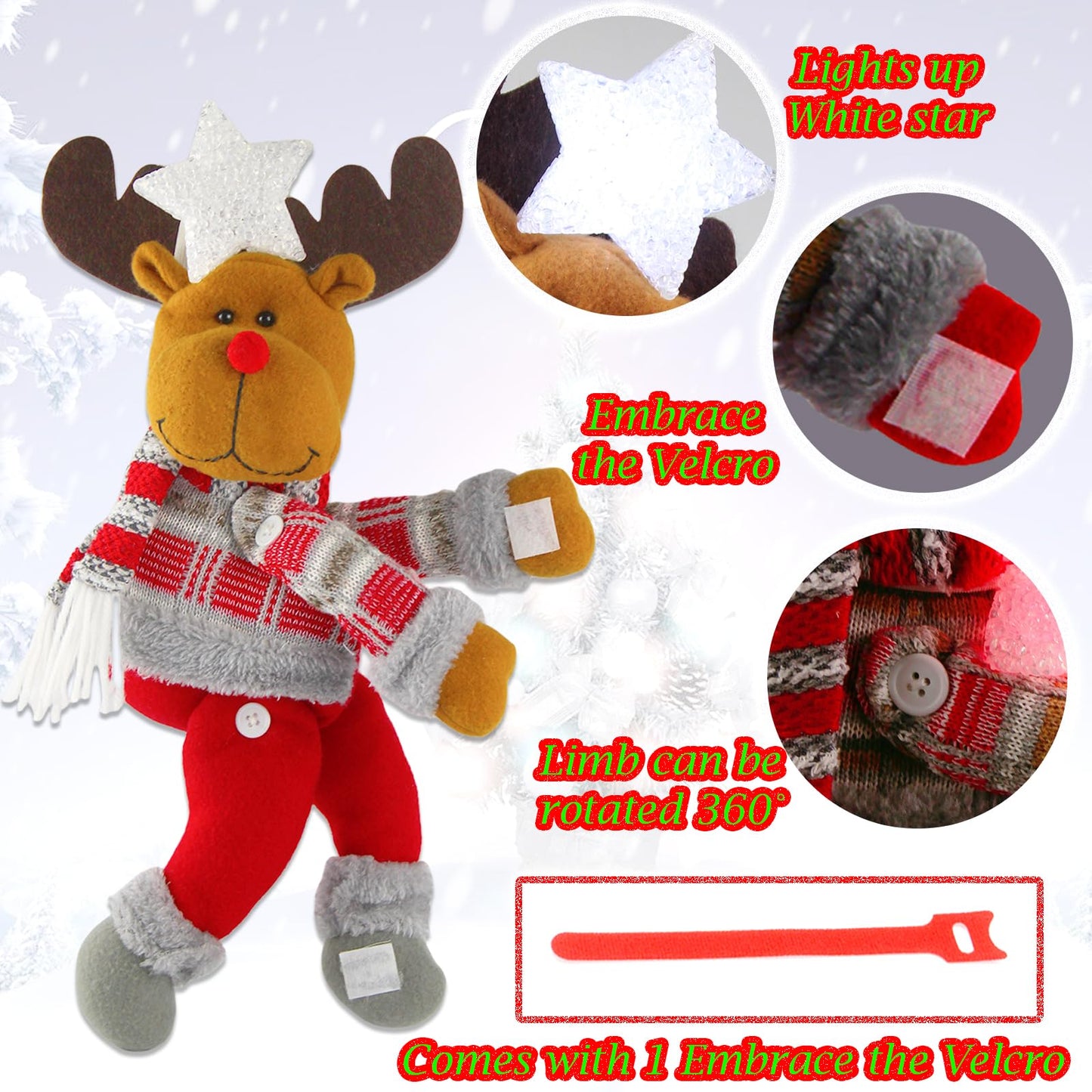 Christmas Plush Reindeer Tree Topper with Glowing White Star - Multifunctional Xmas Treetop Ornament, Home Curtain Tie & Hugger Wine Bottle Party Decoration