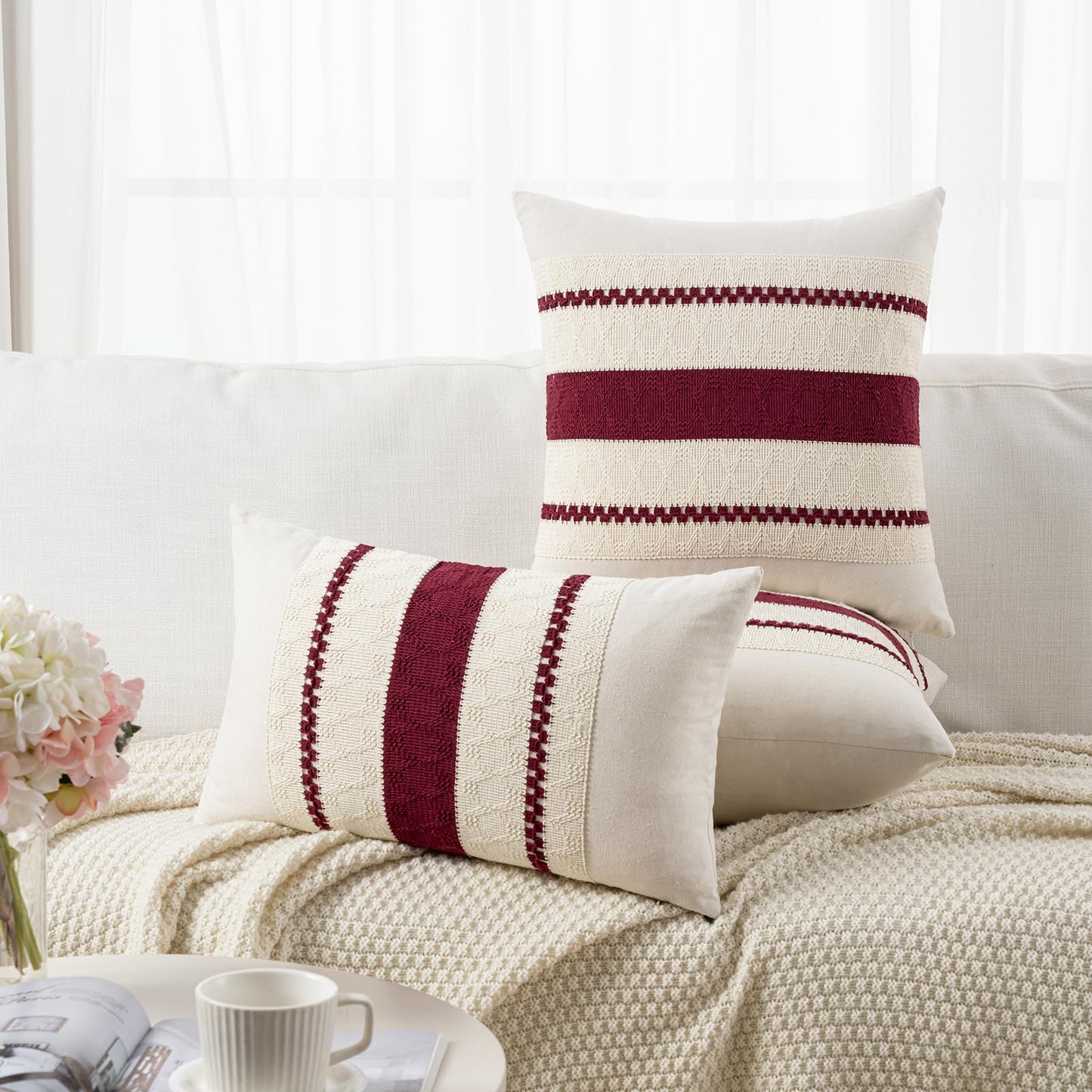 Fancy Homi Set of 2 Burgundy Boho Decorative Throw Pillow Covers 20x20 Inch for Couch Bed Sofa, Aesthetic Modern Farmhouse Christmas Room Decor, Soft Cotton Cute Textured Wind Red Cushion Case