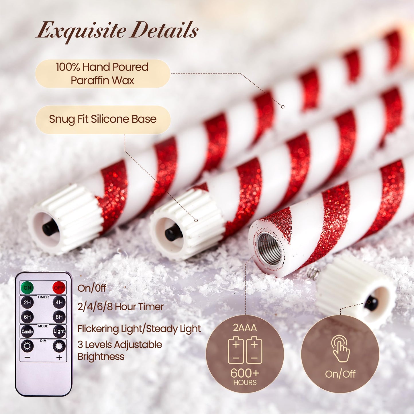 Velsyn 6 Pcs Christmas Flameless Taper Candles with Remote and Timer, 10 Inch Glitter Candy Cane Candles Battery Operated Christmas Candlesticks with LED Flickering Flame for Xmas Candy Cane Decor
