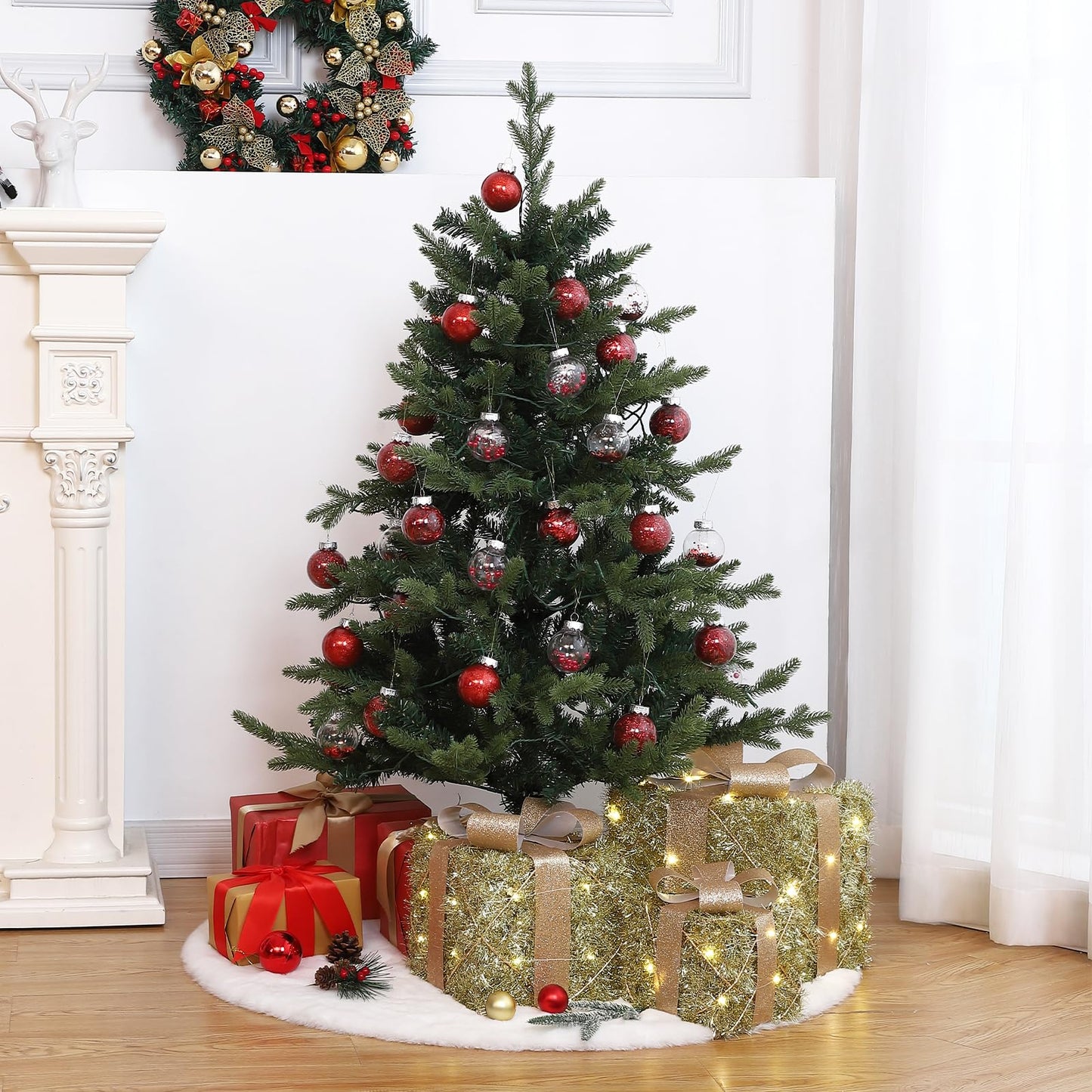 Garveehome Set of 3 Christmas Lighted Gift Boxes, Pre-Lit Gift Present Boxes with Ribbons and Bows, Light Up Xmas Ornaments for Indoor Outdoor Christmas Tree, Home, Yard, Lawn, Gold