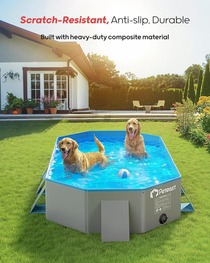 Peteast Foldable Dog Pool with Sturdy Square Design, Durable 82" Lx46 Wx12 D Extra Large Portable Pet Bathtub with Reinforced Sidewalls for Stability, Ideal for Indoor & Outdoor Use (Blue&Gray)
