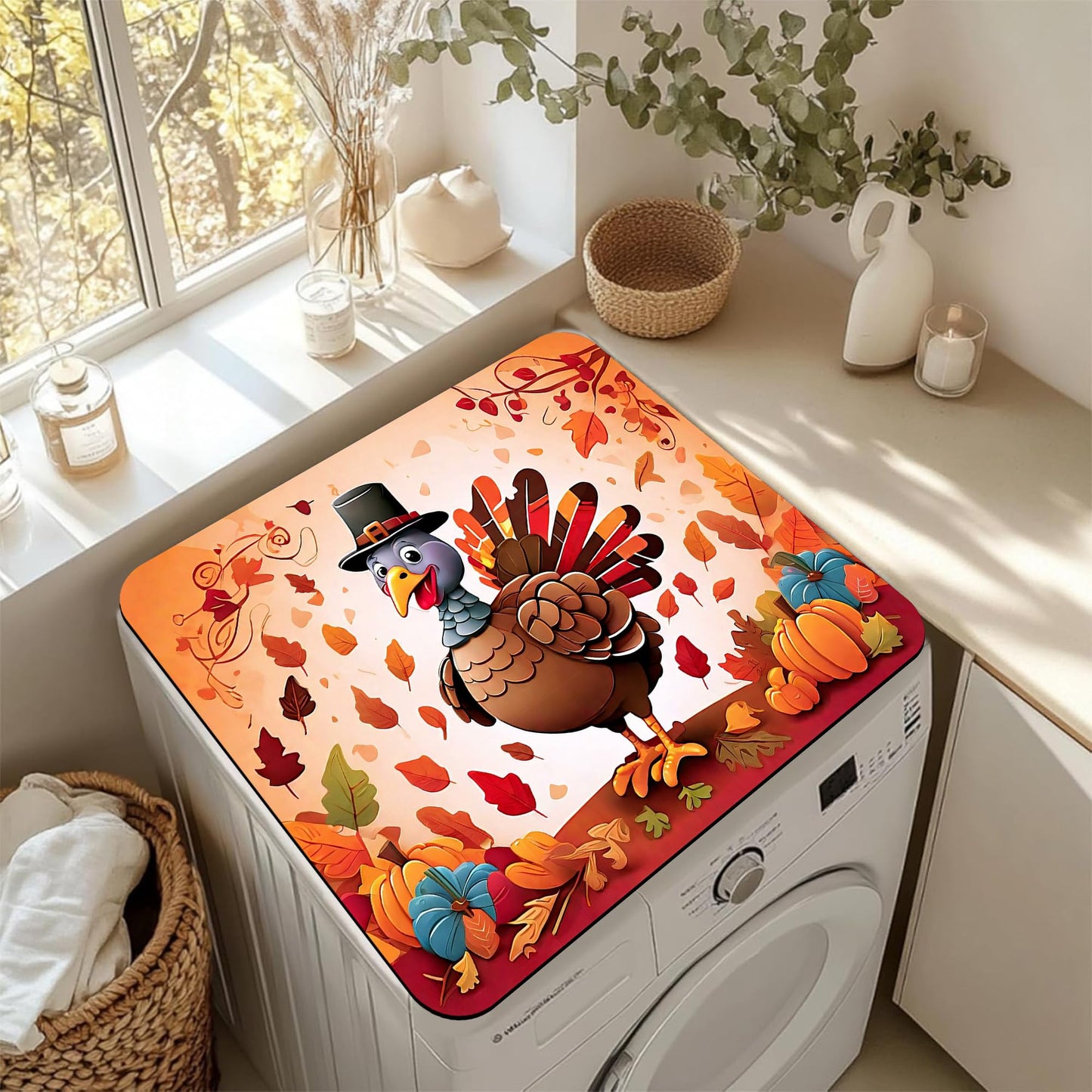 Cute Thanksgiving Turkey Washer and Dryer Covers For The Top, Non-slip Fast Drying Absorbent Dryer Top Protector Mat for Kitchen Laundry Room Decor,23.6"x19.7"