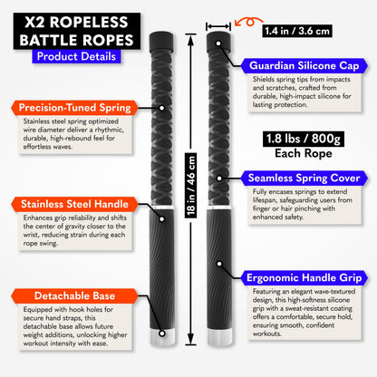 X2 Ropeless Battle Ropes Adjustable Weight - Wrist Friendly Structure, Stackable Add-On Weights, Rope & Bar Dual Forms Transformable, Professional Cordless Battle Ropes