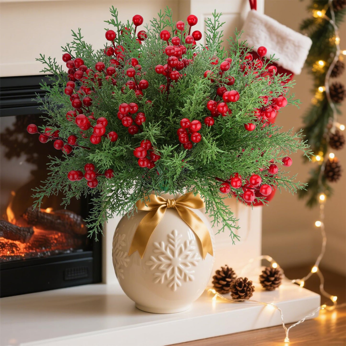 ICEROYCE 4 Bundles 140 Pcs Artificial Christmas Flowers with Red Berry Stems, Fake Norfolk Pine Garland Branches for Winter Decor, Faux Christmas Garland Tree Picks and DIY Crafts (Pine Foliage)