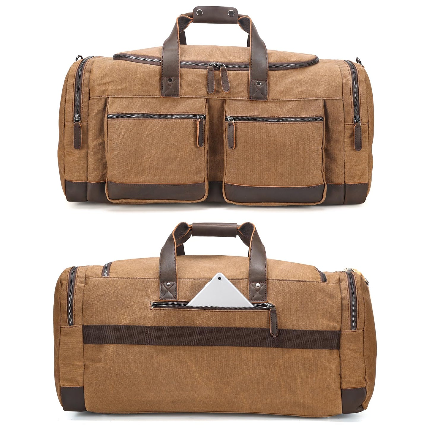 Polare 26” Waxed Canvas Cowhide Leather Waterproof Travel Duffel Bag Trim Luggage Weekender Overnight Carry on Hand Bag (Brown-26")