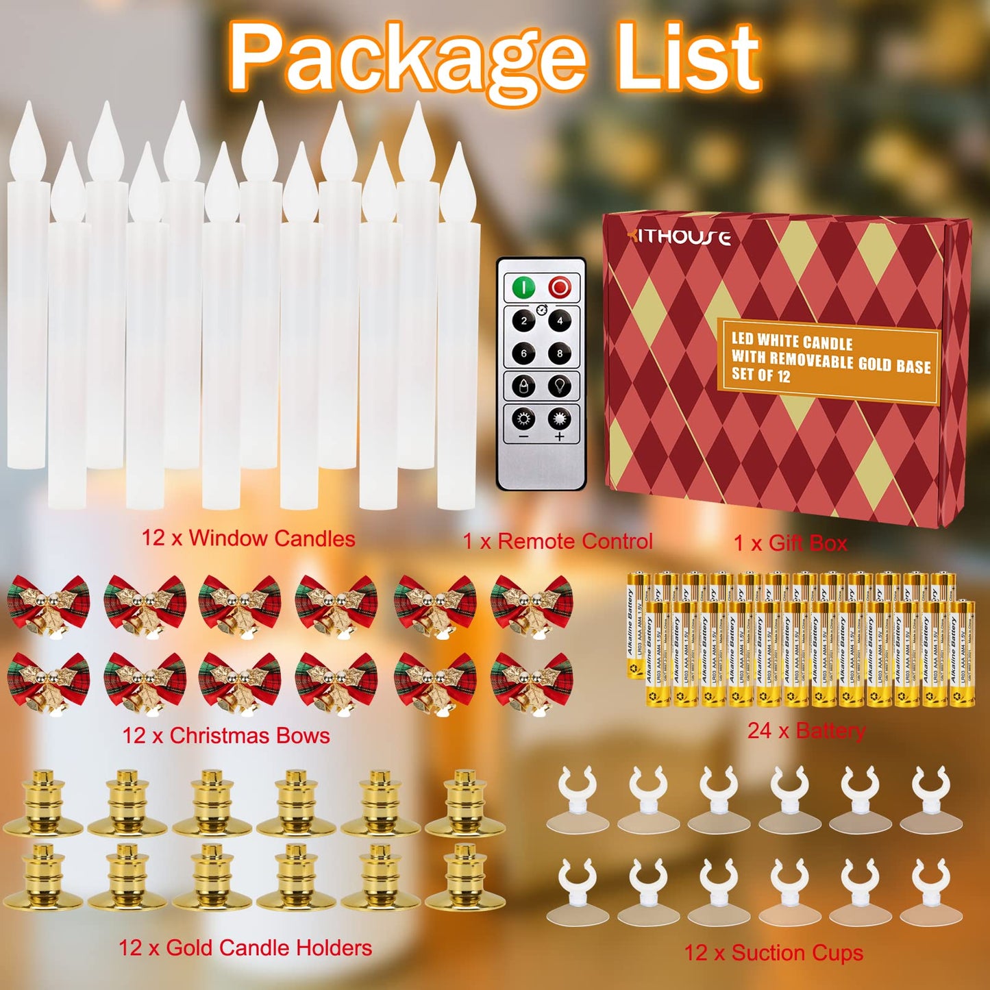 Kithouse Flameless Candles-Window Candles-LED Battery Operated Candles with 24 AAA Batteries,10-Key Remote and Daily Timer,Window Suction Cups,Gold Removable Holders,Christmas Bow