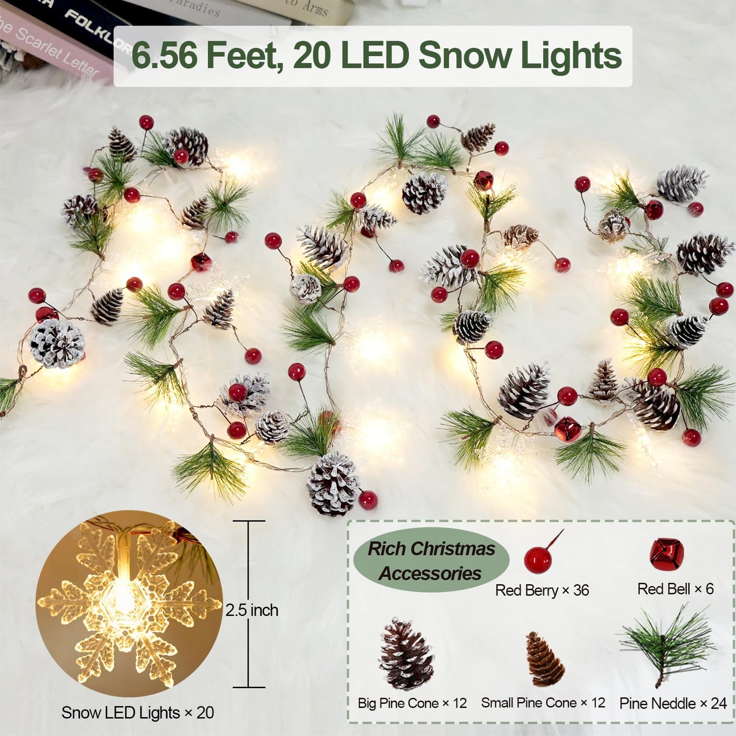 Pine Garland with Lights Christmas Garlands 6.56FT 20 Snow LED Battery Operated Garland with Red Berry and Holiday Pinecones Prelit Lights for Home Windows Fireplace Stairs Christmas Tree Decortions