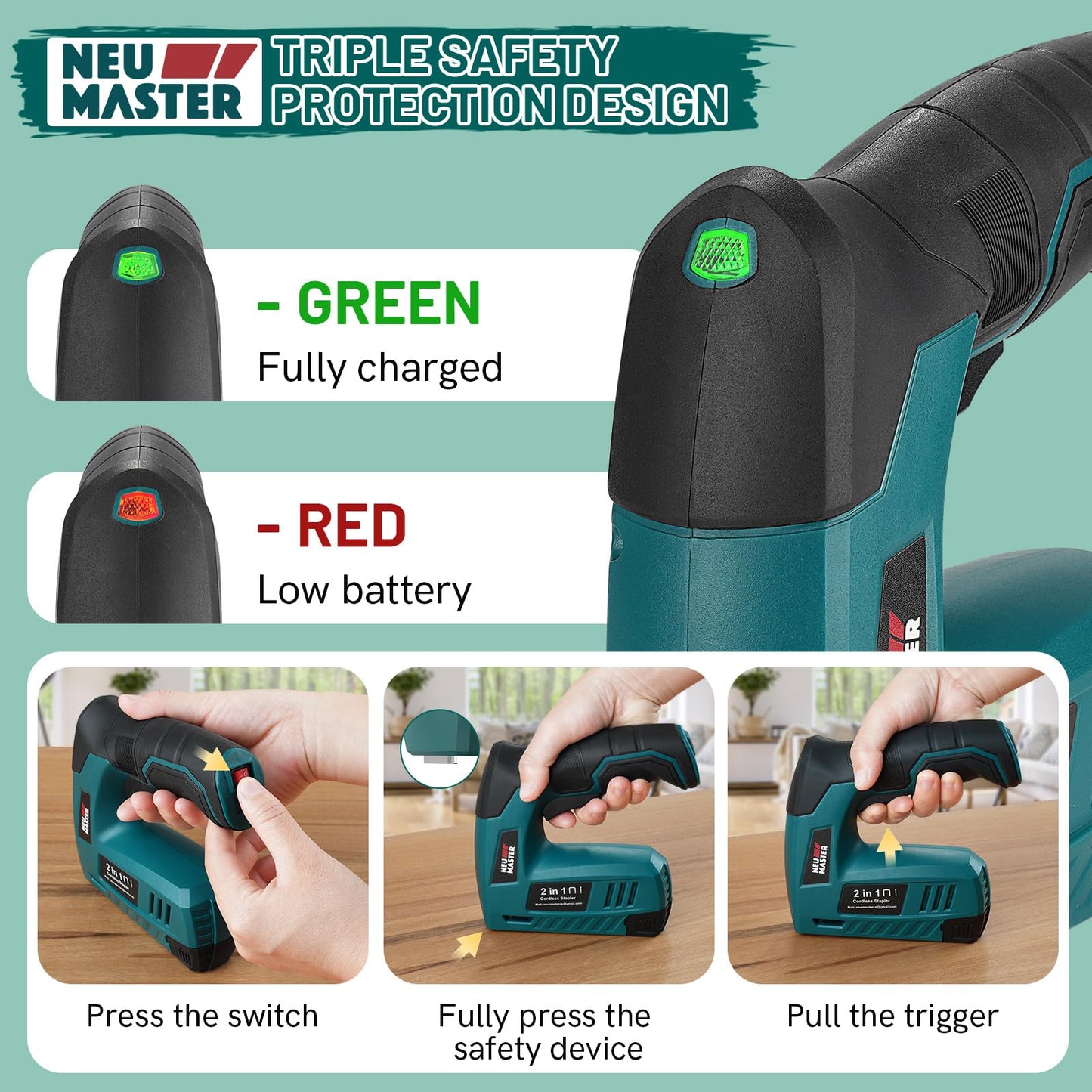 NEU MASTER Electric Staple Gun, 2 in 1 Cordless Brad Nailer with 2000 Staples & Nails, 4V Electric Stapler for Wood, Upholstery, Carpentry, Crafts, DIY