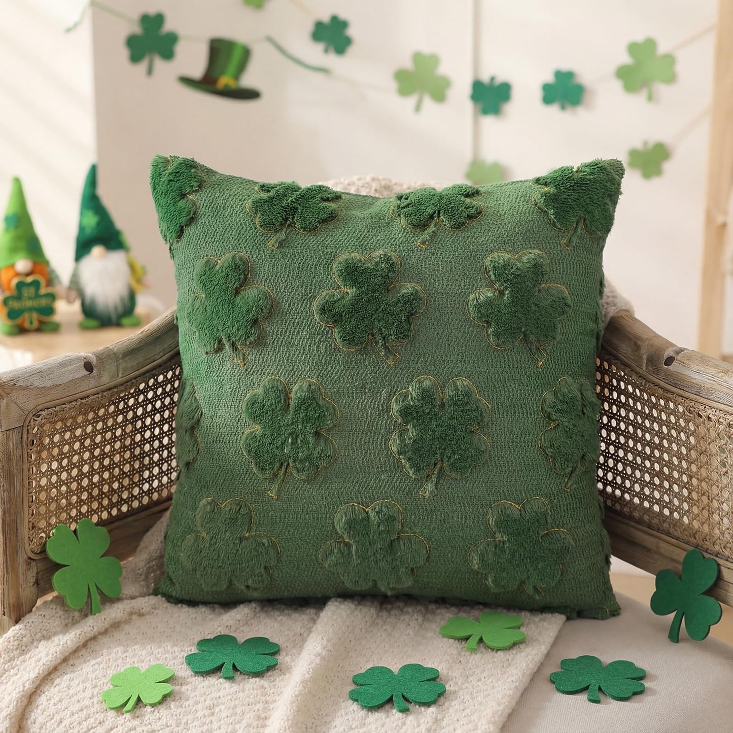 Emvency St Patricks Day Throw Pillow Covers 18x18 Set of 2, Sage Green Shamrock Golden Decorative Pillow Cases Soft Plush Faux Fur Wool Couch Cushion Case for Couch Bed Sofa Living Room Home Decor