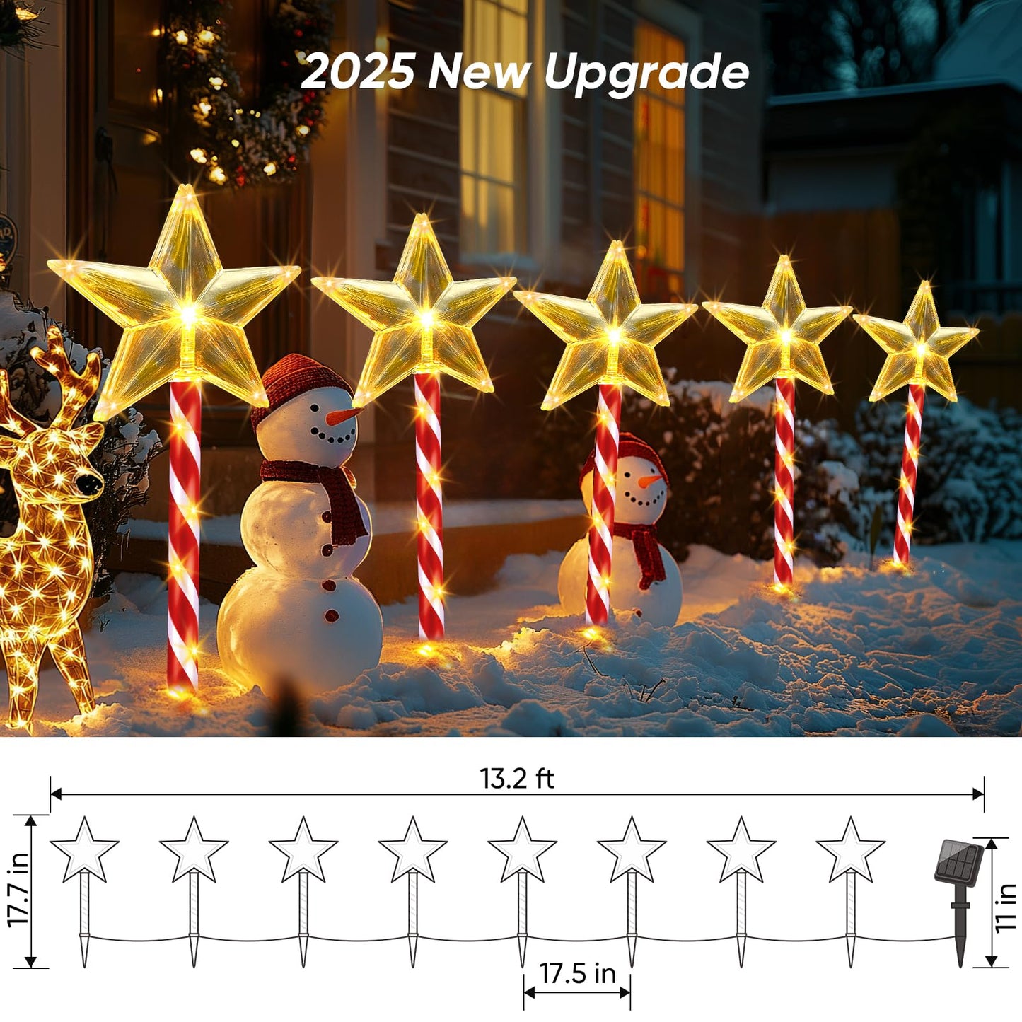 Solar Christmas Lights Outdoor Waterproof: 8 Pack Star Solar Christmas Decorations Outdoor with 8 Modes, Solar Candy Cane Pathway Lights Outside for Yard Walkway Driveway Xmas Decor - Warm White