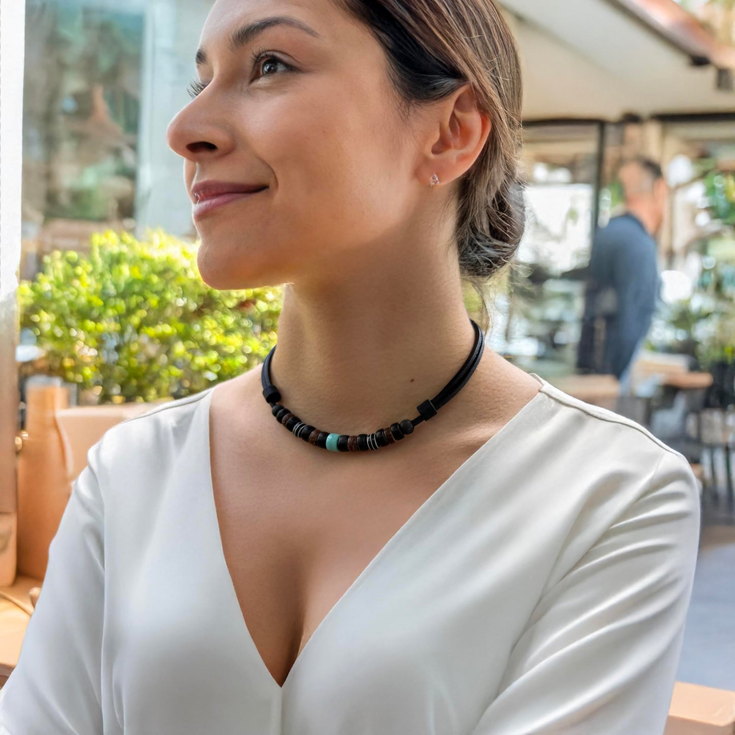HANA LIMA Leather Necklace – Handmade Adjustable Unisex Jewelry with Coconut Beads and Natural Materials, Boho Surfer Style Necklace with Turquoise Glass Bead – Made in Germany