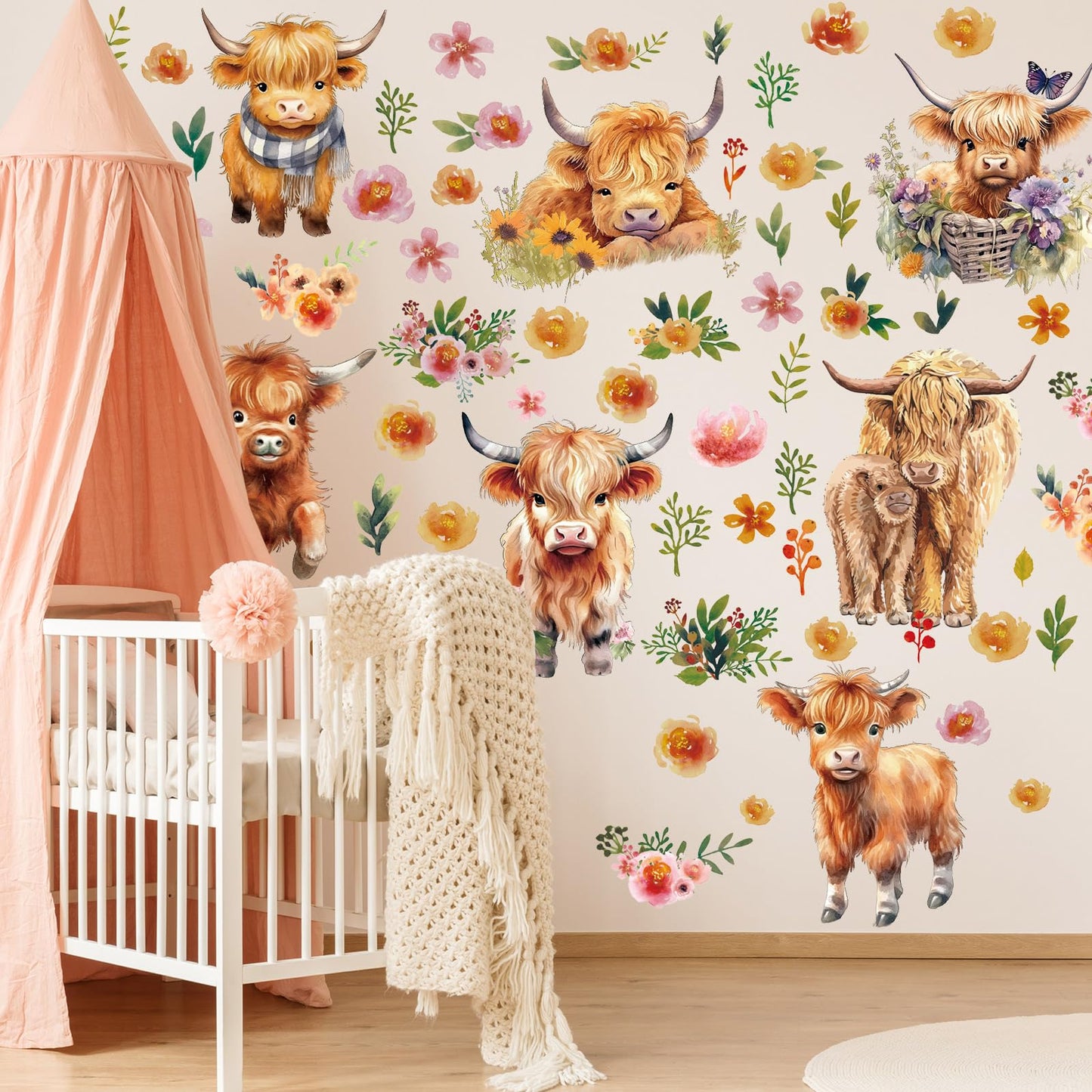 Yinder 12 Sheet 78 Pcs Highland Cow Wall Decals Baby Wall Stickers Cute Highland Cow Sticker for Kids Baby Room Bedroom Bathroom Classroom Living Room Nursery Decor