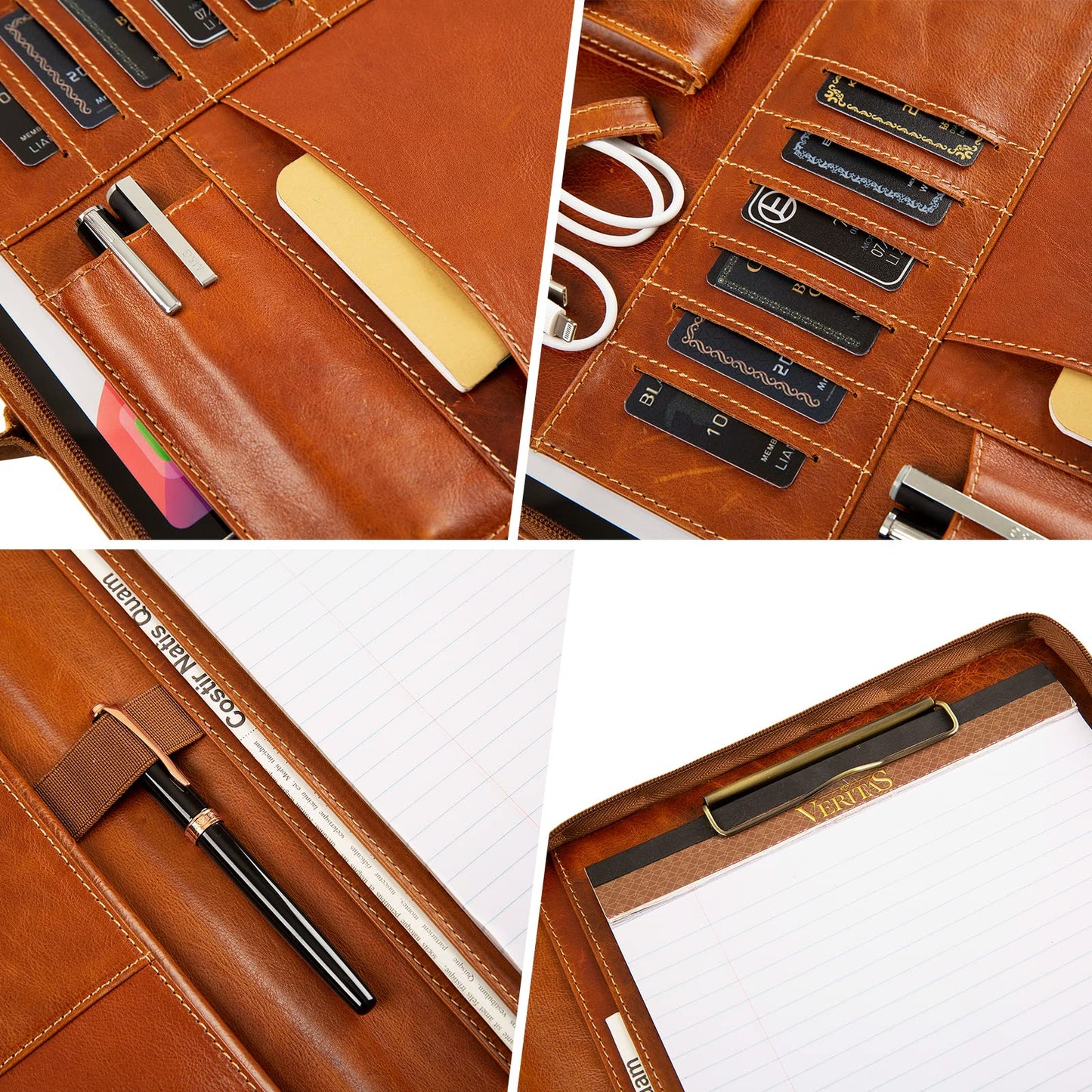 GZRHKJ Oil Wax Leather Portfolio, Padfolio Organizer with Handle, Personalized Padfolio，Padfolio With Zipper for Men Women，Suitable for 15-inch Laptop Legal Pad Padfolio, Brown