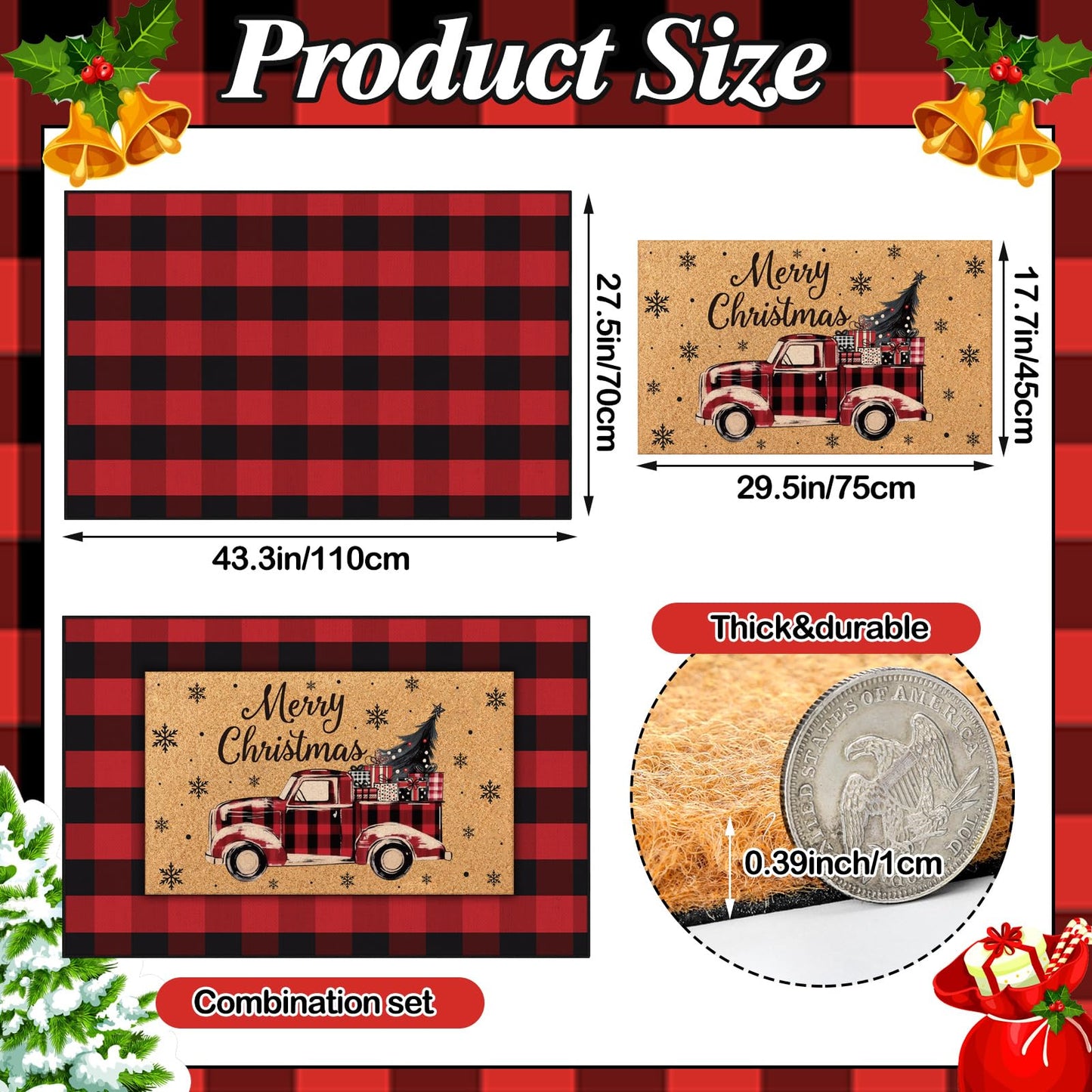 Fourluoo 2 Pcs Christmas Front Porch Rug Buffalo Plaid Christmas Door Mat Imitation Coco Coir Red Truck Xmas Welcome Layering Rug for Outdoor Winter Home Festival Holiday Decor, 28 x 43 Inch