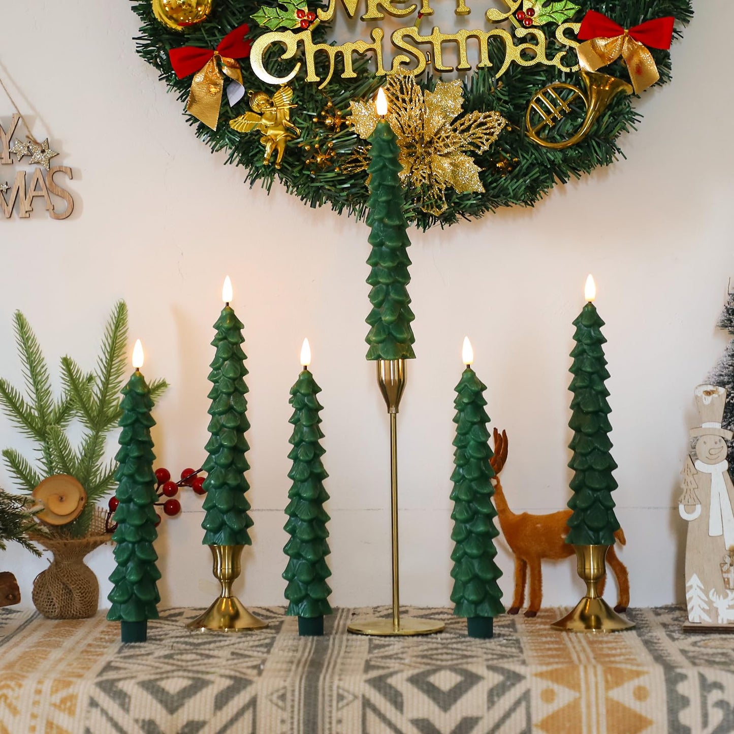 Lezonic 6Pcs Flameless Christmas Tree Candles with Remote Timer, LED Taper Candles Battery Operated Flickering Flame, 10 Inches Green Real Wax Window Candlesticks for New Year Xmas Decorations
