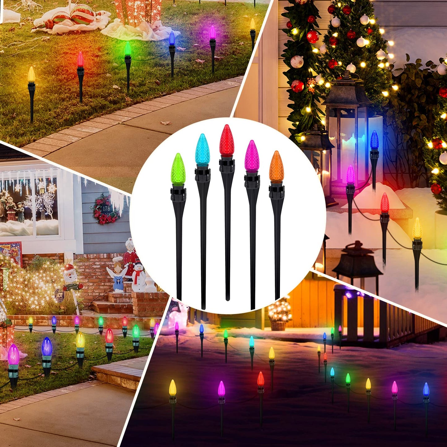 12 Inches Christmas Light Stakes Universal Yard Lawn Holiday Light Stakes C7 C9 String Lights Ground Stakes for Christmas Outdoor Lights Holders on Yards, Driveways, Pathways (50, Black)