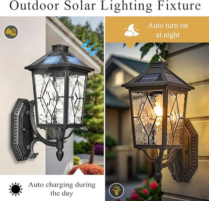 Solar Outdoor Wall Lamp Waterproof Aluminum Outside Solar Wall Lantern with Remote Control Black Outdoor Porch Lights Wall Mount with Water Ripple Handmade Solder Glass LED Bulb Included