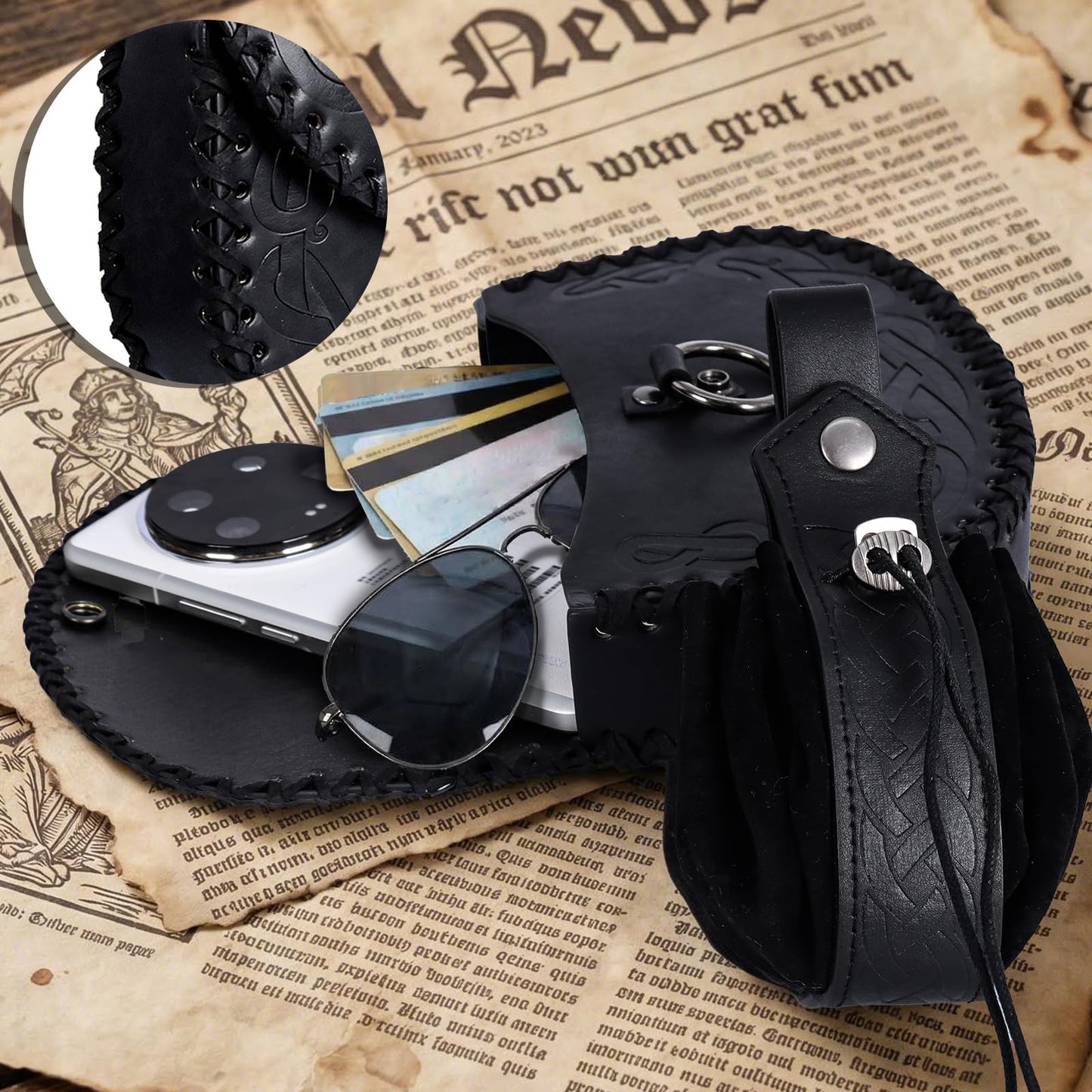 Renaissance Belt Pouch Waist Bag Set - Medieval Viking Pirate Coin Purse Skirt Hike for LARP Halloween Cosplay Accessories (Black)