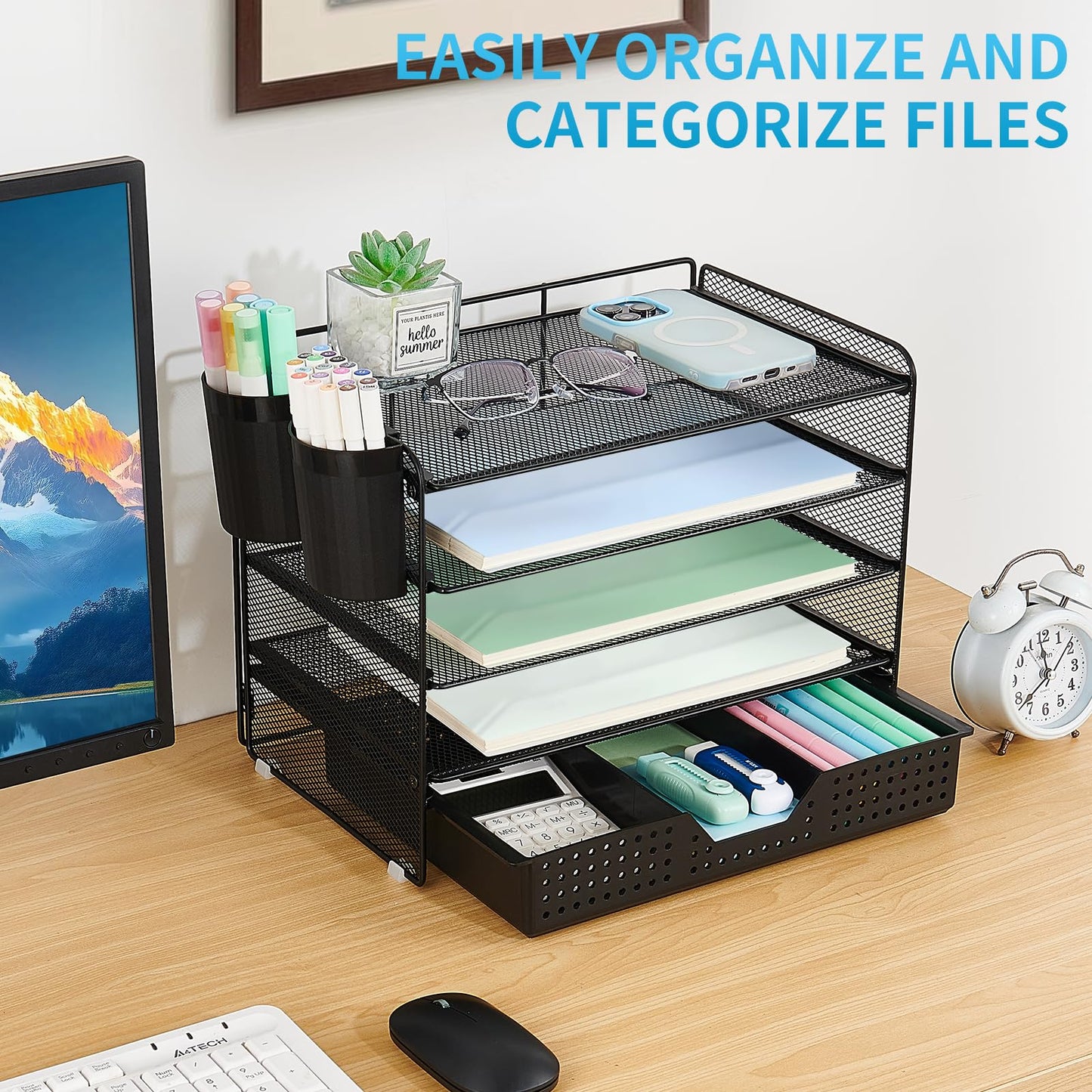 LEKETREE Desk Organizer and Accessories, 5-Tier Paper Letter Tray Organizer with Drawer & 2 Pen Holders for Desktop File Organization, Office Desk Accessories for Supplies Storage (Black)