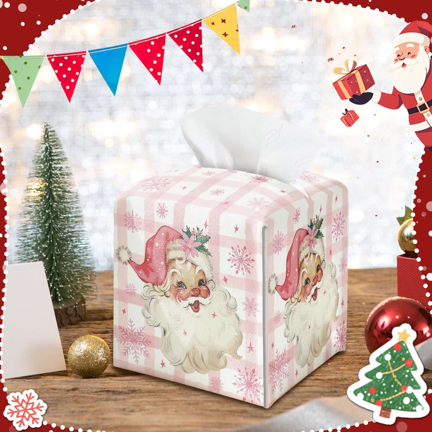 Christmas Box Cover Square, Santa Claus Pink Checkered Decorative Tissue Box Holder, Waterproof Leather Tissues Boxes Dispenser for Bathroom, Office, Car, Bedroom Nightstand, Home Decor
