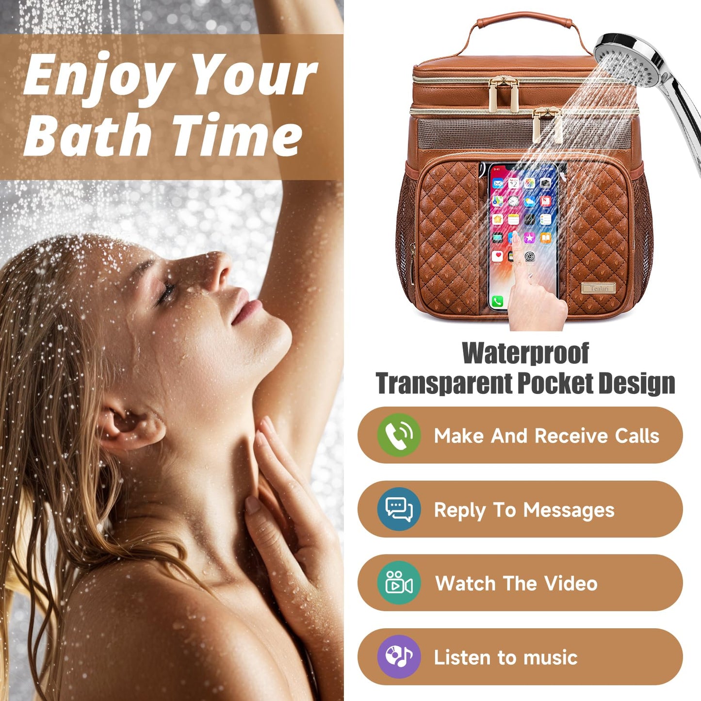 Large Leather Toiletry Bag for Women Men,Bathroom Bag,Water Resistant Shower Bag,Makeup Bag,Portable Shower Caddy for College Dorm,Hanging Travel Toiletry Bag with Transparent Waterproof Phone Pocket