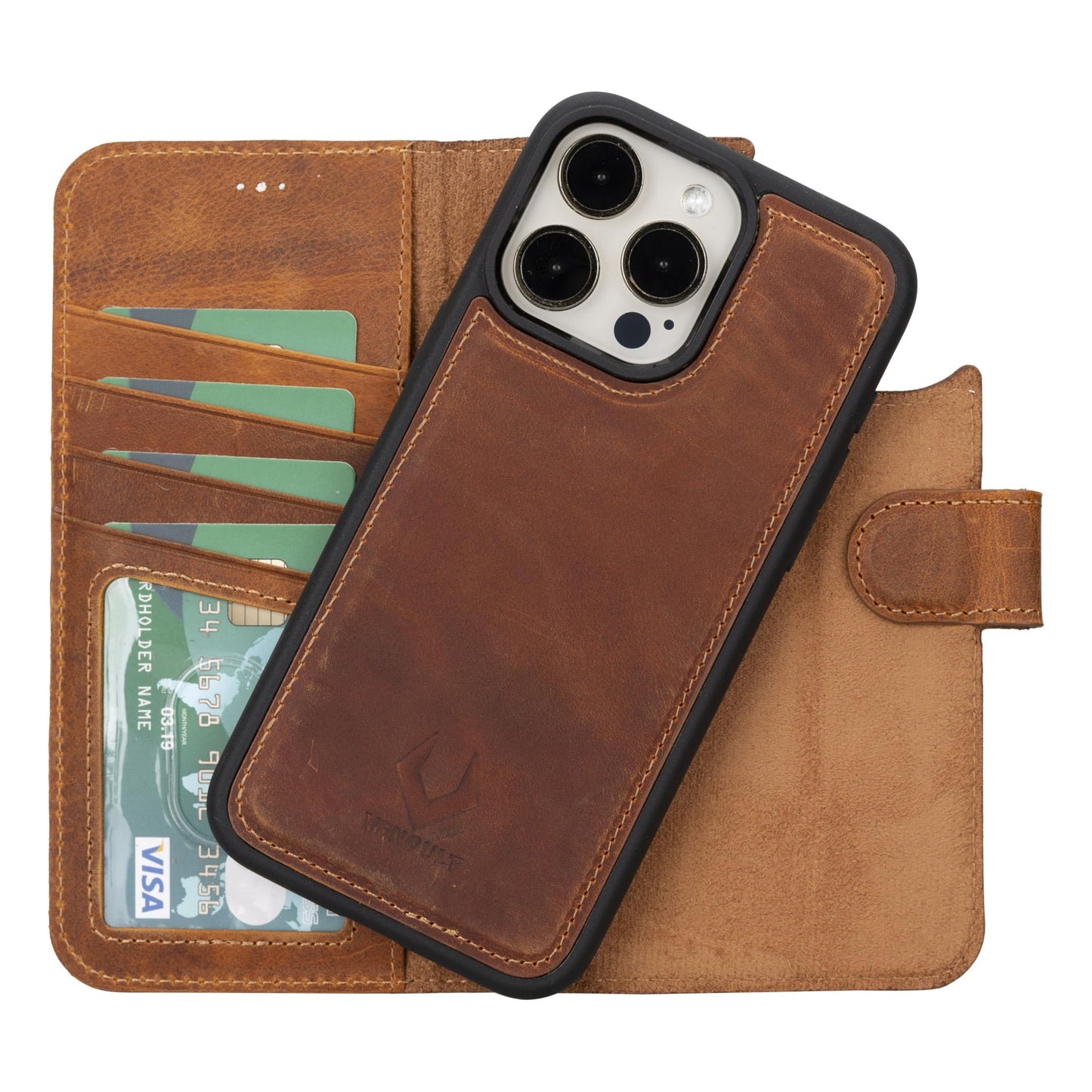 VENOULT Detachable Wallet Case for iPhone 15 Pro MAX, 4 Card Holder Wallet, Man or Women Folio Cover, Compatible with Magsafe, RFID, Genuine Leather, Kick Stand (Almond Brown)