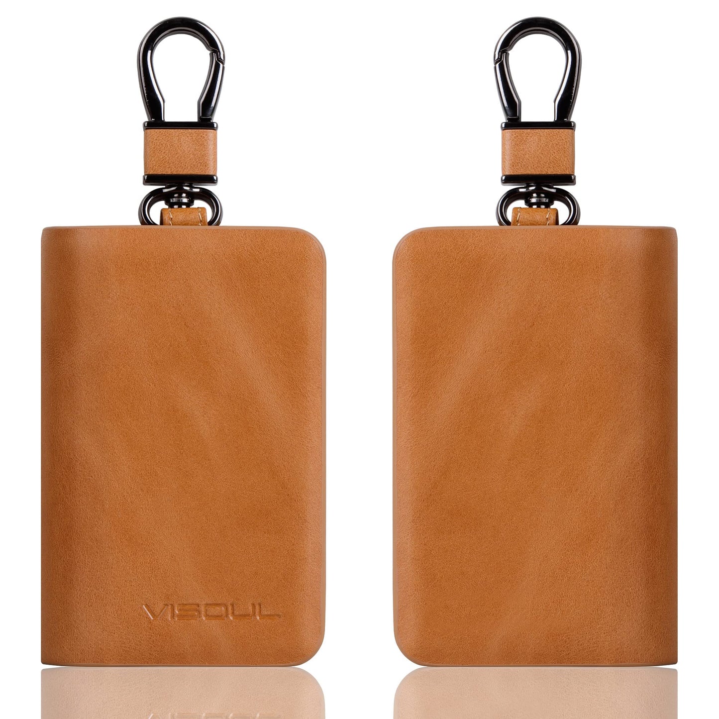 VISOUL Car Key Case Holder Double Zipper, Leather Car Smart Key Fob Case with Keychain for Men and Women-Tan