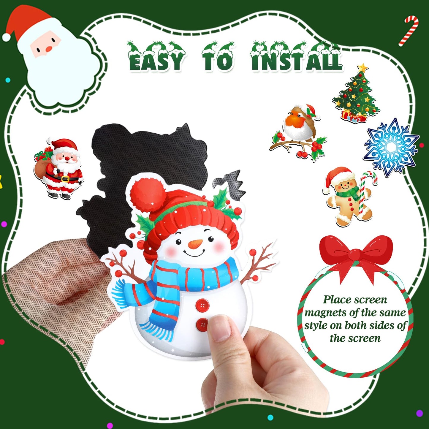 JSRQT 12 Pcs/6 Pairs Magnetic Screen Door Decals Winter Christmas Magnets Protector Double Sided Flexible Stickers Decorative for Patio Sliding Pets Fridge Refrigerator Window Snowflake Bird Snowman