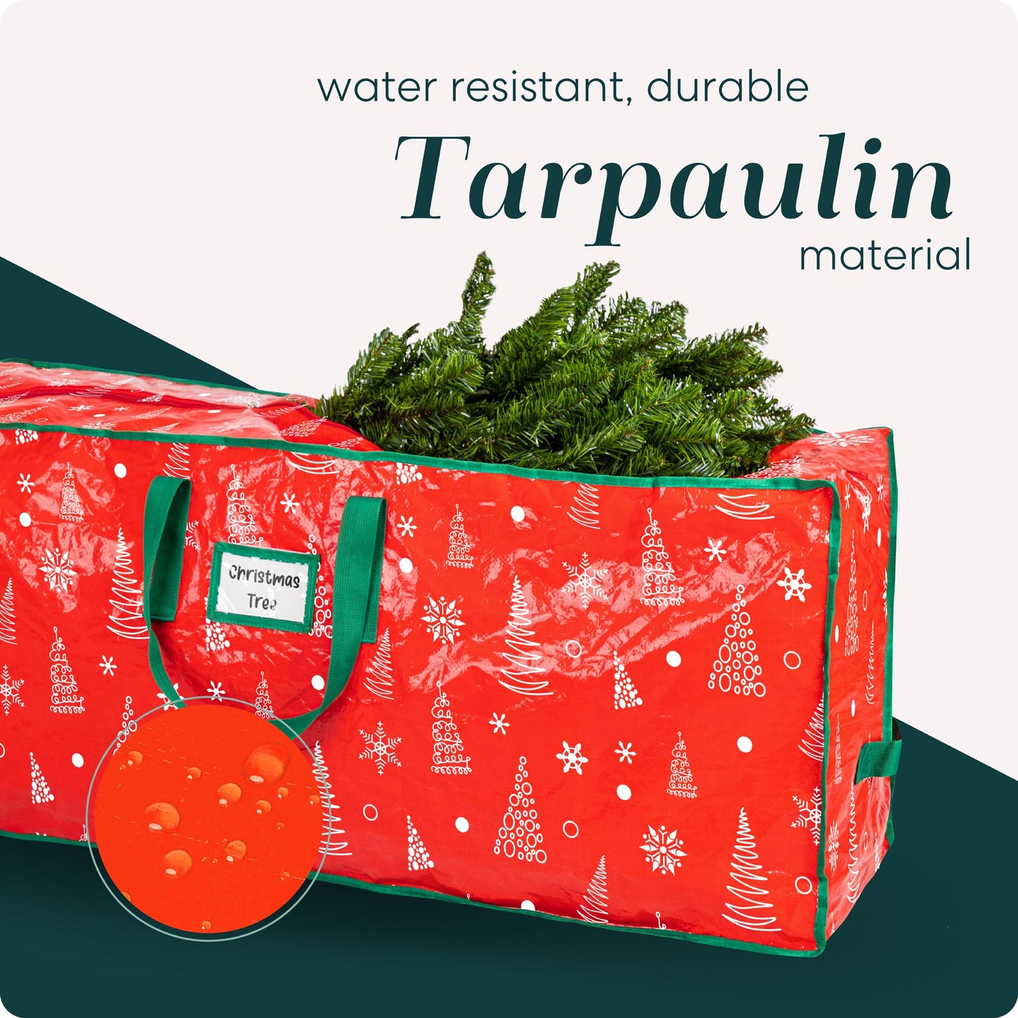 Christmas Tree Storage Bag - Stores 9 Foot Artificial Xmas Holiday Tree, Durable Waterproof Material, Zippered Bag, Carry Handles - Protects Against Dust, Insects and Moisture (Red Printed)