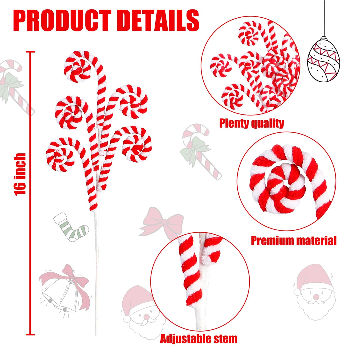 Sggvecsy 6 Pcs Christmas Tree Decoration Woolen Bells Candy Cane Shape Picks Lollipop Curly Pick Ornaments Xmas Tree Topper for Party Vase Filler Home Office Decor (Red)