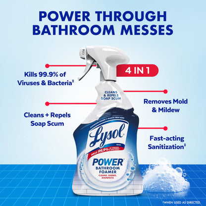 Lysol Power Foaming Bathroom Cleaner, Multipurpose Cleaner for Showers, Bathtubs, Sinks, Disinfectant Spray Kills 99.9% of Germs, Zero Bleach Cleaning Spray, 32 Oz.