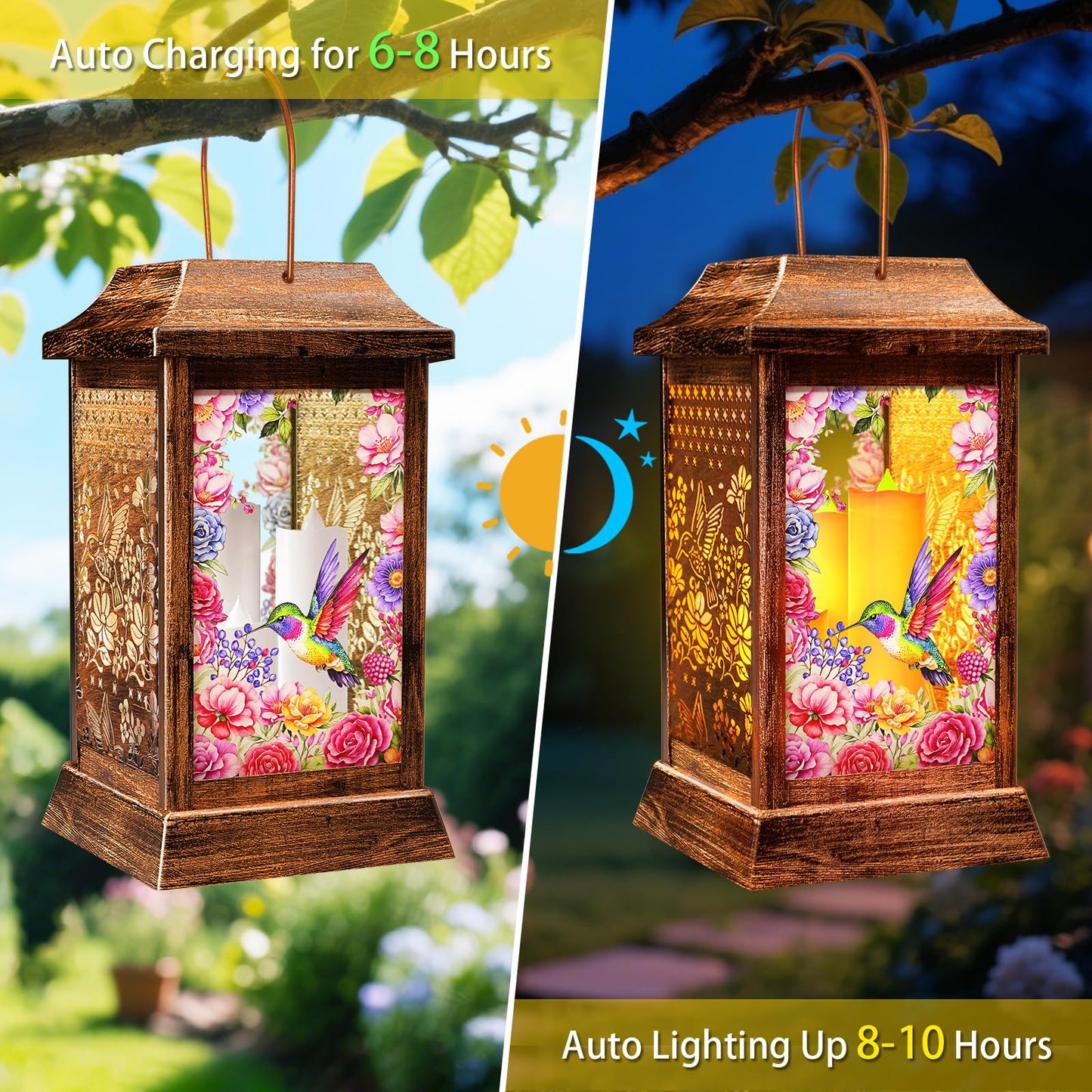 Hummingbird Solar Lanterns Outdoor Waterproof, Metal & Glass Hanging Lights Garden Decor, Birthday Gifts for Mothers Day Women Mom Christmas, Decorative Lights for Outside Yard Patio Backyard Porch
