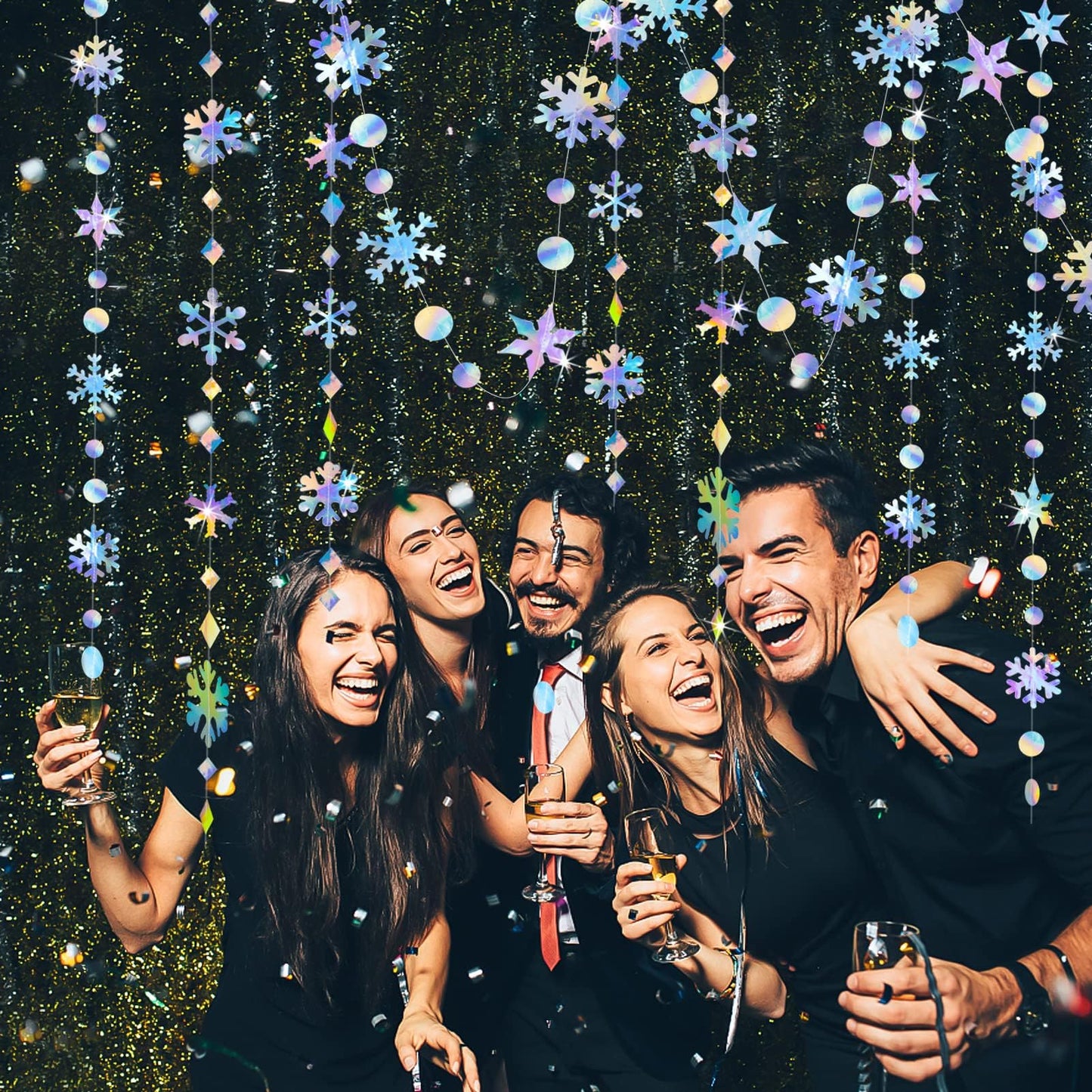 65Ft Winter Wonderland Snowflakes Decorations Iridescent Snowflake Garland- Shimmer Holographic Paper Snowflakes Streamers for Iridescent Party Decor Christmas Frozen Themed Birthday Baby Shower Decor