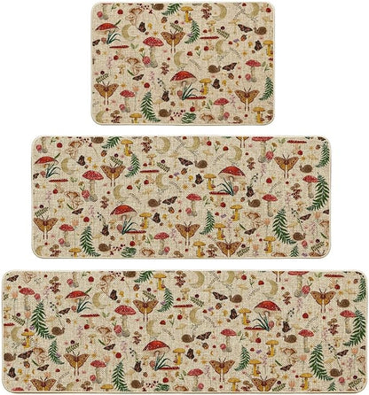 Artoid Mode Mushrooms Butterfly Spring Kitchen Mats Set of 3, Home Decor Low-Profile Kitchen Rugs for Floor - 24"x35"+24"x59"+24"x72"